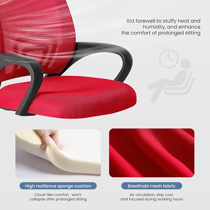 DUMOS Home Office Chair - Ergonomic Mid Back Mesh Desk Chair with Lumbar Support & Rocking Mode, Height Adjustable with Fixed Armrest, for Computer, Gaming, Meeting, Red, 2 Pack