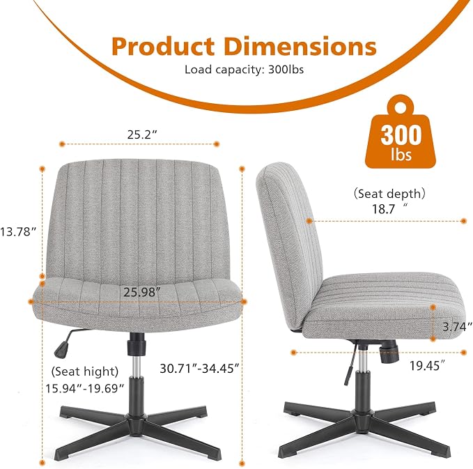 Sweetcrispy Criss Cross Chair Legged, Armless Office Swivel Desk Chairs No Wheels, Vanity Height Adjustable Wide Seat Comfy Cute Computer Task Seating for Home Bedroom, Grey
