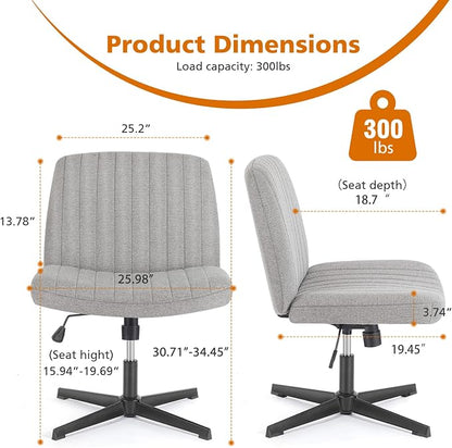 Sweetcrispy Criss Cross Chair Legged, Armless Office Swivel Desk Chairs No Wheels, Vanity Height Adjustable Wide Seat Comfy Cute Computer Task Seating for Home Bedroom, Grey