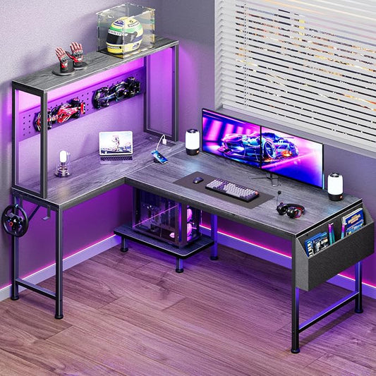 PRAISUN L Shaped Gaming Desk with LED Lights & Power Outlets, Reversible Computer Desk with Storage Shelves & Bag, Large Corner Home Office Desk with Pegboard for Work from Home, Grey