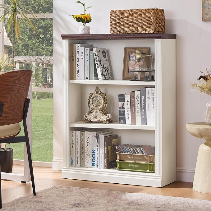 RWYHG 43" White Tall Bookshelf Set of 2,3-Tier Thick Wooden Book Shelf with Adjustable Shelves,Free Standing Farmhouse Bookcase with Open Display Storage,Floor Vintage Bookshelves for Living Room