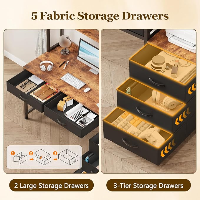 YOMILUVE Reversible Computer Desk with Hutch, Home Office Desk with 5 Drawers and Bookshelf, 52'' Study Writing Desk with Storage Shelves for Bedroom Home Office, Rustic Brown
