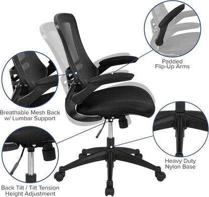Flash Furniture Kelista Mid-Back Swivel Office Chair with Adjustable Seat Height, Ergonomic Mesh Desk Chair with Flip-Up Armrests, Black