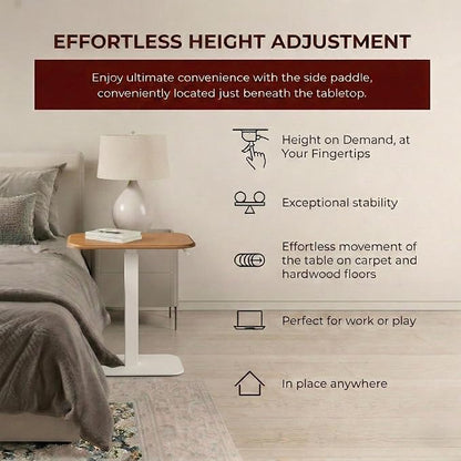 Elevance Height Adjustable Side Table, White Base, Golden Maple Top | Sofa Laptop Table for Couch & Bed | Small C-Shape End Table for Home or Office