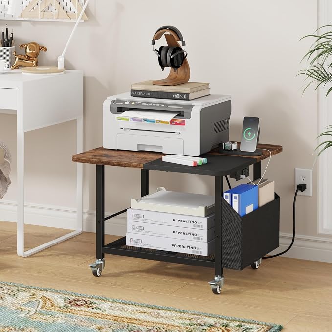YAOHUOO 23.6"×23.6" Large Printer Stand with Power Outlet, Printer Table with Storage Side Pocket, Heavy Duty Rolling Cart for Home Office 3D Printer/Laser/Heat Press Table, Rustic Brown