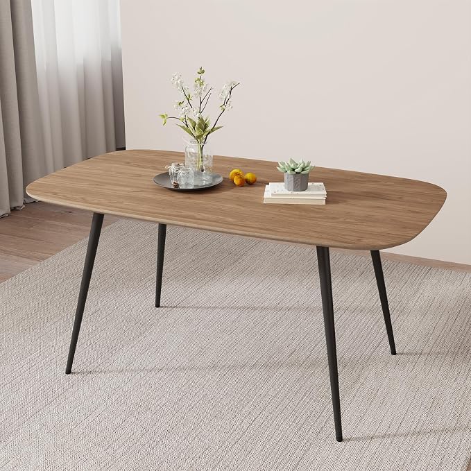 HIPIHOM 55.1' Kitchen Table,Kitchen & Dining Room Tables, Dinner Table for 4-6,MDF Wood Dining Table with Metal Legs for Living Room & Dining Room (Walnut Color Table, 55.1")