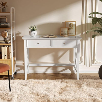 Lewahom White Computer Desk with 2 Drawers, Modern Makeup Vanity Desk with Storage, Writing Desk for Home Office, 42'' Long Study Simple White Desk for Bedroom Console Table Living Room