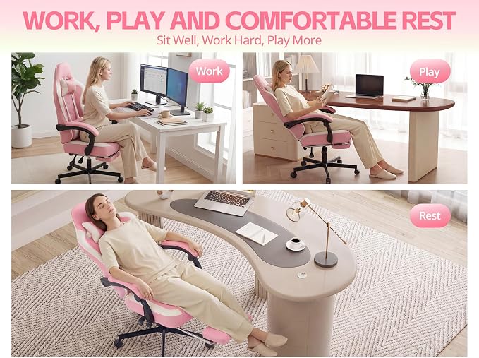 Office Desk Computer Gaming Chair for Adults, Ergonomic High Back Gamer Chair with Massage and Pocket Spring Cushion, Swivel Comfy Video Game Chairs with Footrest and Lumbar Support (Pink White)