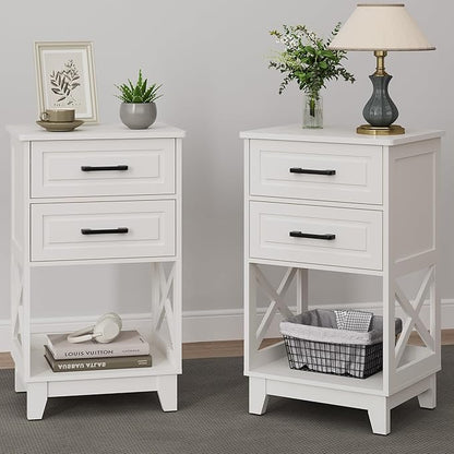 RoyalCraft 30" Tall Nightstand, Modern Painted Bedside Table with 2 Drawers and Open Shelf, Wood Side Table for Bedroom, Home Office, White-Open Shelf Below, Set of 2