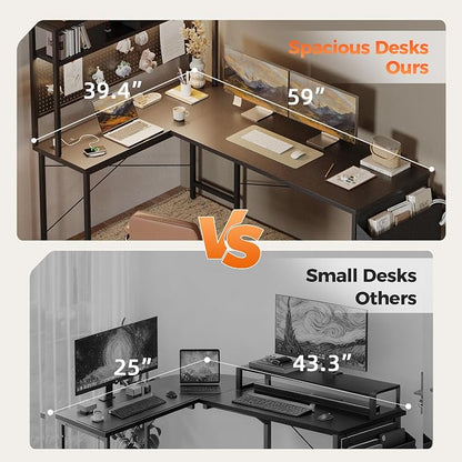 Mericonia 59 inch Large L Shaped Desk with Pegboard Hutch & Shelves, Corner Gaming Desk with Power Outlet, LED Light & Storage Bag, Reversible Computer Desk for Home, Bedroom, Office Workspace, Black