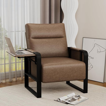 Alunaune Upholstered Living Room Chair Armchair, Mid Century Faux Leather Metal Accent Chair, Reception Couch Office Guest Chair Slipper Club Lounge Single Sofa with Sidetable for Bedroom-Brown