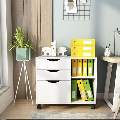 QDSSDECO 3-Drawer with Shelf Wood File Cabinet Mobile Lateral Filing Cabinet, with Rolling Wheel Printer Stand and Open Adjustable Storage Shelves, for Home Office, White