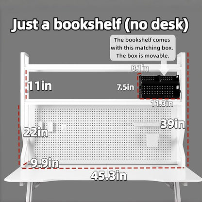 Desktop Hutch Bookshelf,Many Gifts,Metal Desktop Bookcase with pegboard, Desk Shelf White, Countertop Storage Organizer Rack for Dorm or Office,Desktop Shelves(White, 45.3" Lx9.9 Wx39 H)