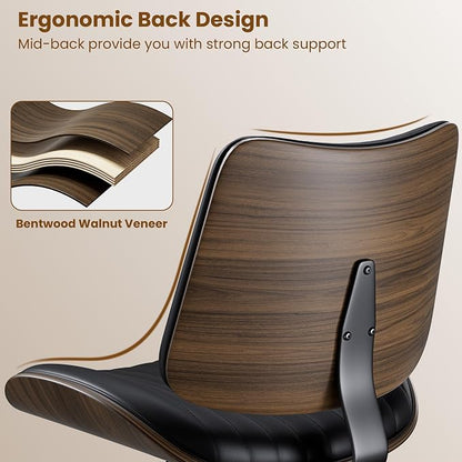 Modern Walnut Armless Office Chair with Wheels - Ergonomic Curved Back Adjustable Swivel Chair for Small Space, Silent Rolling Casters & 330lbs Capacity, Perfect for Home Office/Meeting Room, Black