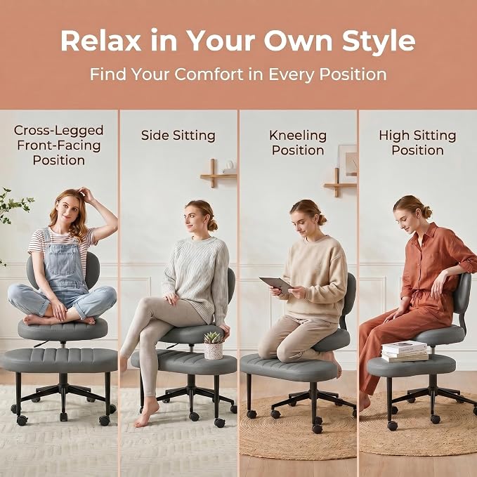 Cross Legged Office Chair with Wheels, 360 Swivel Height-Adjustable Meditation Chair with Lumbar Support, PU Leather, Gray