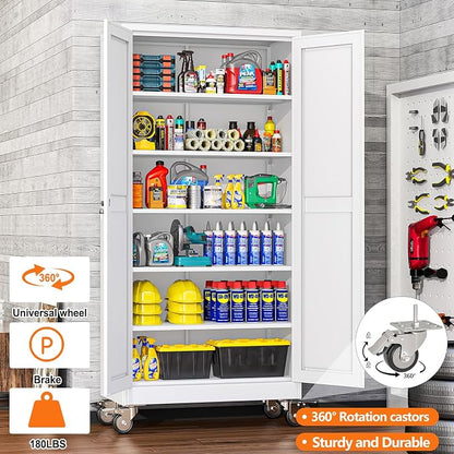 pozdeg 73.6" Metal Garage Storage Cabinets with Wheels, Lockable Rolling File Cabinets with 2 Doors and 5 Adjustable Shelves, Steel Tool Organizer Locker for Office Home Garage Gym School, White