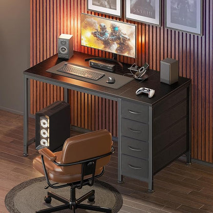 PRAISUN 39.4 Inch Computer Office Desk with Power Outelts and USB-C Port, Reversible Gaming Desk with 4 Fabric Drawers, Work Study Desk Work from Home, Black