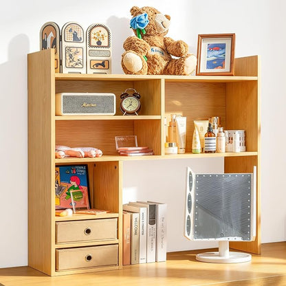 deli Desktop Bookshelf, High-Capacity Desk Hutch Organizer with 7 Shelves and 2 Drawers for Computer Desk, Desk Shelf Organizer for Dorm Office Home, Natural
