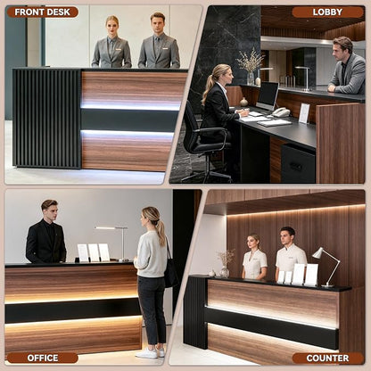 L-Shaped Executive Desk with LED Lights, Modern Reception Desk with AC Power Outlets/USB/Type-C, Executive Workstation with Locked Storage Cabinet, for Office (Black/Brown, 76.7"L/23.6“W/43.4”H)
