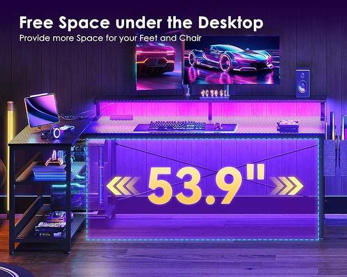 ODK 66 Inch Gaming Desk with USB Charging Ports and LED Lights, Reversible L Shaped Computer Desk with Storage Shelves & Monitor Stand, Corner Gamer Desk Table with Power Outlets, Carbon Fiber Black