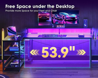 ODK 66 Inch Gaming Desk with USB Charging Ports and LED Lights, Reversible L Shaped Computer Desk with Storage Shelves & Monitor Stand, Corner Gamer Desk Table with Power Outlets, Carbon Fiber Black