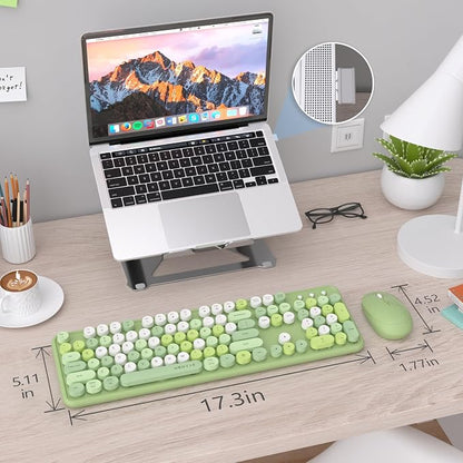 UBOTIE Colorful Wireless Keyboard and Mouse Combos, Retro Typewriter Floating Flexible Full-Sized Keys Computer Keyboard with Optical Mouse, 2.4GHz USB-A Connection for Windows Mac (Green-Colorful)