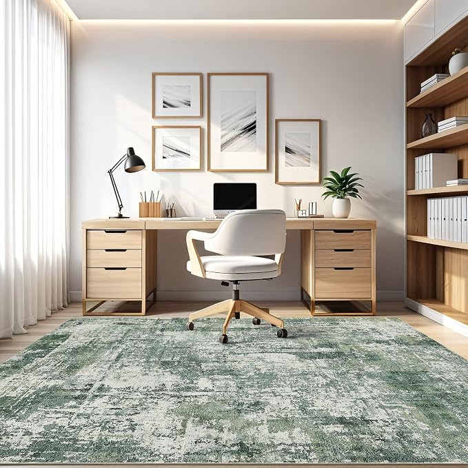 9x12 Area Rug Living Room: Washable Large Abstract Soft Stain Resistant Indoor Floor Rugs Non-Slip Accent Carpet for Bedroom Nursery Playroom Office Dining Room Home House- Dark Green