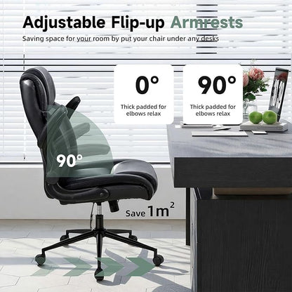 Executive Office Chair with Flip-Up Armrests, PU Leather Ergonomic Computer Desk Chair for Home Office, Computer Chair with Lumbar Support, Thick Seat Cushion & Adjustable Height