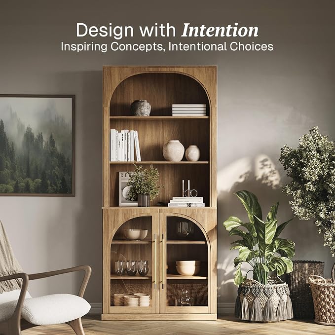BELLEZE Pantry Storage Cabinet with Hutch, Modular Cabinet with Adjustable Shelves for Organizing, Visible Storage with Glass Door, Wood Highboard for Living Room, Kitchen and Home Office - Camel