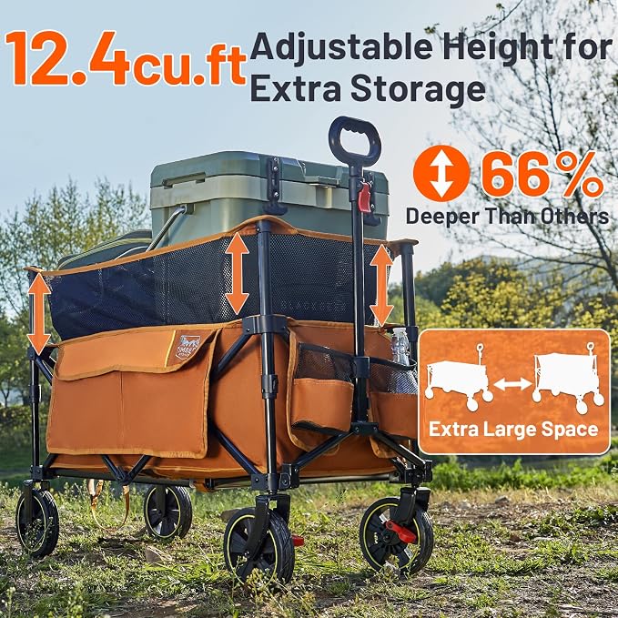 Timber Ridge Collapsible Folding Wagon 350L Extra Large with Brake, Heavy Duty Camping Utility Cart Outdoor, Extended Height Adjustable Handle, Cup Holders, Side Bag, Orange