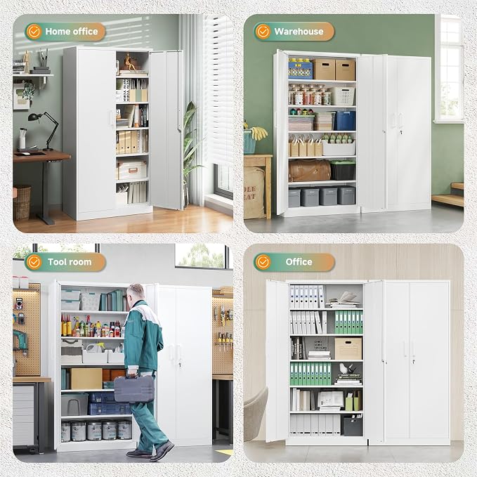 Letaya Metal Storage Cabinets with Lock Door,Steel Locker Garage Cabinets 5 Adjustable Shelves for Home,Office, Warehouse(White)