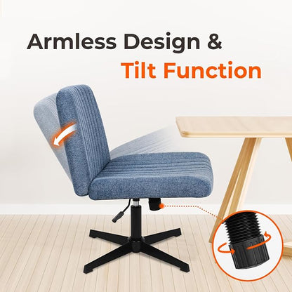 NEO CHAIR Criss Cross Chair No Wheel Vanity Desk Chair Wide Armless Cross Legged Office Comfy Makeup Adjustable Computer Task for Home Office Fabric (Blue)
