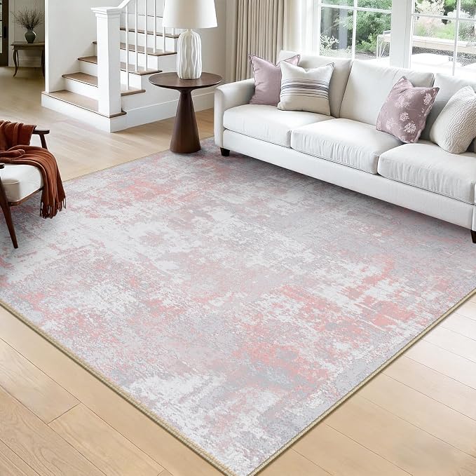 RELEANY Washable Area Rugs Square 8ft Non-Slip Modern Abstract Soft for Living Room Entryway Bedroom Kitchen, Print Pattern, Grey Pink