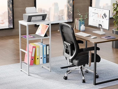 Desk Organizers and Accessories, Wood Printer Stand with 2 Metal Mesh Storage Shelf, Fits A4/Letter Size, Desk File Organizer for Home Office Fax Machine Scanner, Matte White