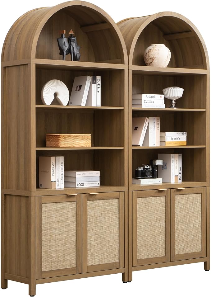 SICOTAS Book Shelf Arched Cabinet Bookshelf Arch 84.2" Tall Bookcase 5 Tier Large Bookshelves with Doors Storage Rattan Boho Wide Book Shelves Case for Living Room Kitchen Office Library