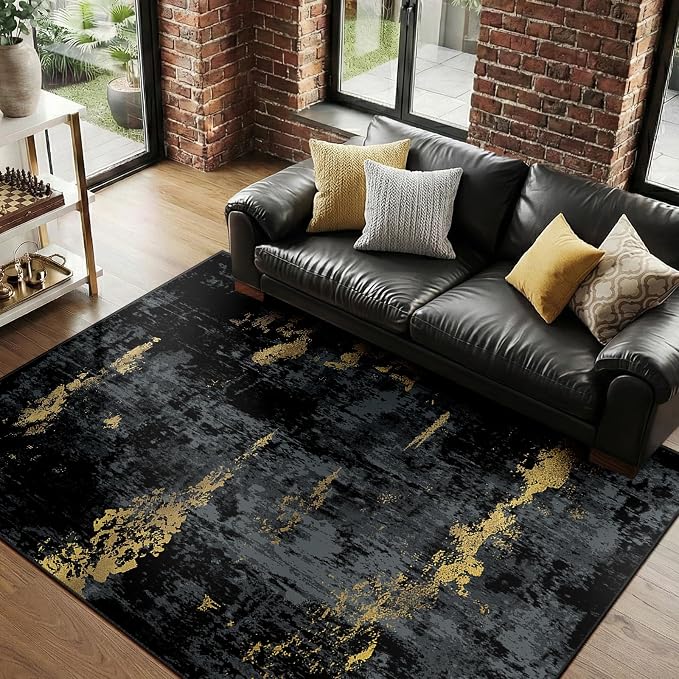 RELEANY Washable Area Rugs 4'x6' Non-Slip Modern Abstract Soft for Living Room Entryway Bedroom Kitchen, Print Pattern, Dark Black Gold
