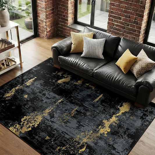 RELEANY Washable Area Rugs 4'x6' Non-Slip Modern Abstract Soft for Living Room Entryway Bedroom Kitchen, Print Pattern, Dark Black Gold