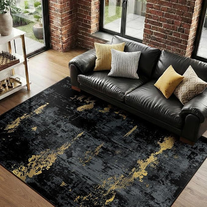 RELEANY Washable Area Rugs 5'x7' Non-Slip Modern Abstract Soft for Living Room Entryway Bedroom Kitchen, Print Pattern, Dark Black Gold