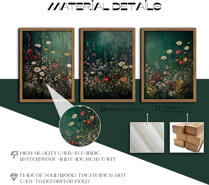 Vintage Wildflower Wall Art Set of 3, Moody Dark Green Flower Botanical Wall Decor Paintings,Nature Floral Farmhouse Landscape Posters Prints Pictures for Living Room Bedroom 12x16 Inch Wood Framed