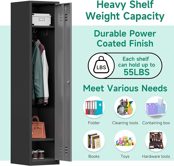Metal Lockers for Employees,71" Metal Storage Cabinet with Lock,1 Door Steel Storage Locker Cabinet for Home,Gym,School,Office,Garage-Assembly Required(Black Gray)