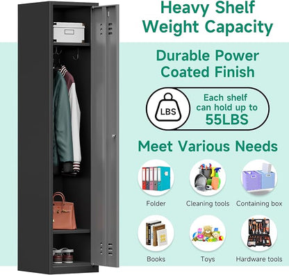 Metal Lockers for Employees,71" Metal Storage Cabinet with Lock,1 Door Steel Storage Locker Cabinet for Home,Gym,School,Office,Garage-Assembly Required(Black Gray)