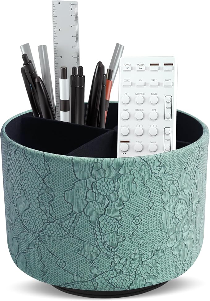 Round Leather Art Supply Organizer,Remote Control Holder,360 Degree Spinning,Multi-Functional Pencil Holder,4 Compartments Desktop Stationary Organizer(1-Lace Flower Green2)