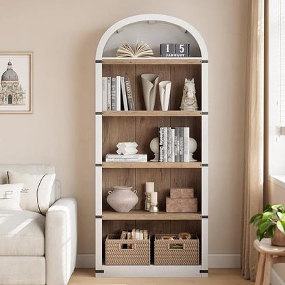 GarveeHome Bookcase 5 Shelf Arched Bookshelf 71.65in Tall Bookcase Farmhouse Display Storage Rack Wooden Bookshelves for Home Office, Living Room (White/Natural)