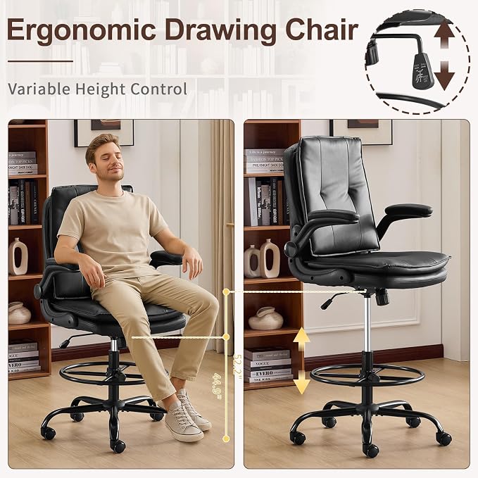 Karl home Tall Drafting Chair, Faux Leather Black | 330Lbs Capacity, Tall Office Chair for Standing Desk, Adjustable Height with Foot Ring, Flip-Up Armrests, PU Executive Chair