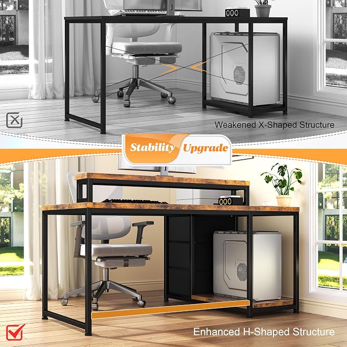 EnHomee 40''L Shaped Computer Desk with 3 Drawers & Monitor Stand, Small Gaming Desk with Power Outlet & LED Lights, Corner Desk for Gaming, Home Office, Study Room, Rustic Brown