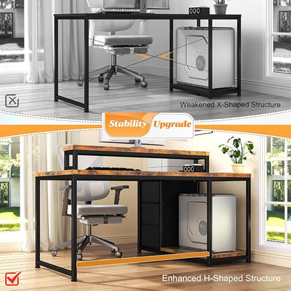 EnHomee 40''L Shaped Computer Desk with 3 Drawers & Monitor Stand, Small Gaming Desk with Power Outlet & LED Lights, Corner Desk for Gaming, Home Office, Study Room, Rustic Brown
