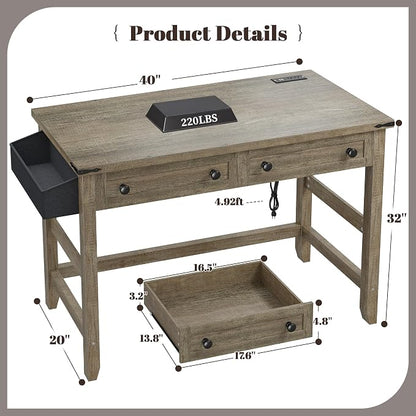 EnHomee 40" Small Desk with Power Outlets, Computer Desk with 2 Drawers for Bedroom and Home Office, Writing Desk with a Side Pocket, Vanity Desks for Bedroom, Dark Rustic Oak