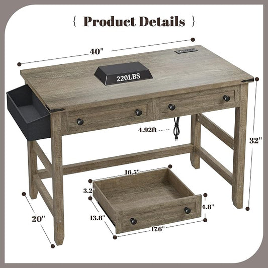 EnHomee 40" Small Desk with Power Outlets, Computer Desk with 2 Drawers for Bedroom and Home Office, Writing Desk with a Side Pocket, Vanity Desks for Bedroom, Dark Rustic Oak