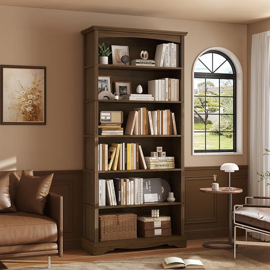 TVU 6-Tier Wooden Bookshelf, 76 Inch Tall Bookshelf with Storage, Floor Standing Modern Style Display Bookcase for Living Room, Office, Study Room, Entryway, Brown