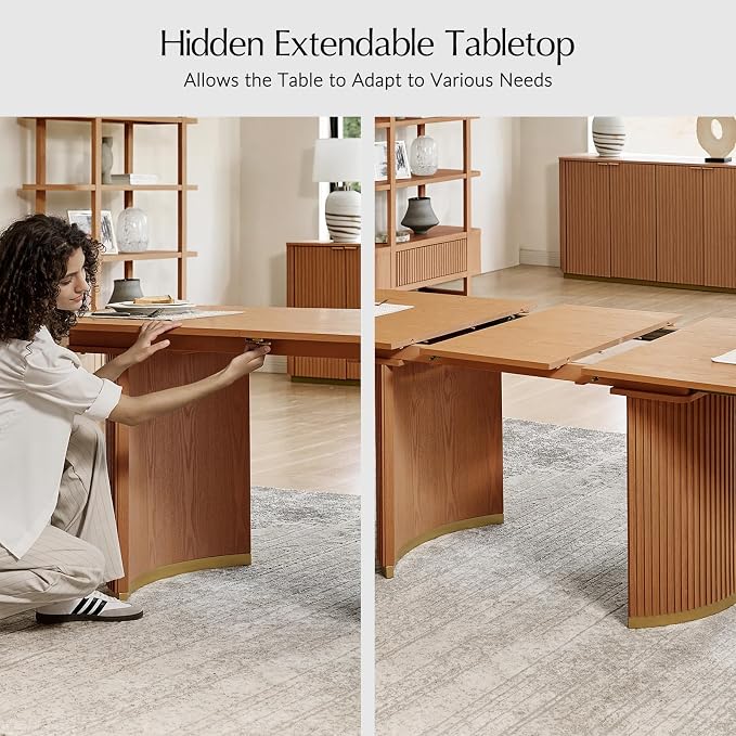 HULALA HOME 60"-80.75" Extendable Dining Table, Solid Wood Kitchen Table with Removable Leaves, Fluted Base, Mid-Century Modern Home Office Desk for Dining Living Study Room-Teak